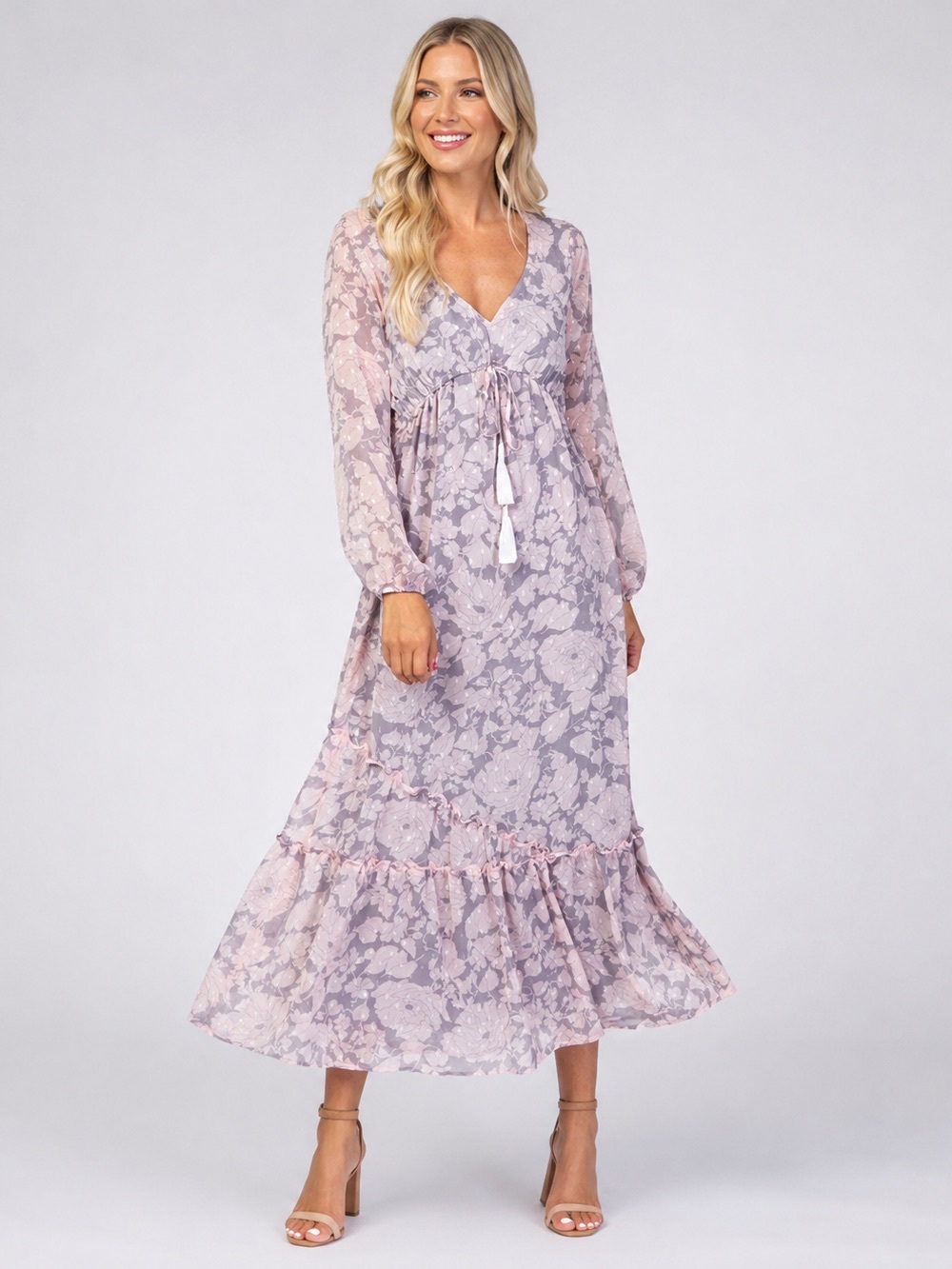 Lovestitch Floral Boho Midi Dress Gray Pink Swiss Dot Tassel Long Sleeve Size S